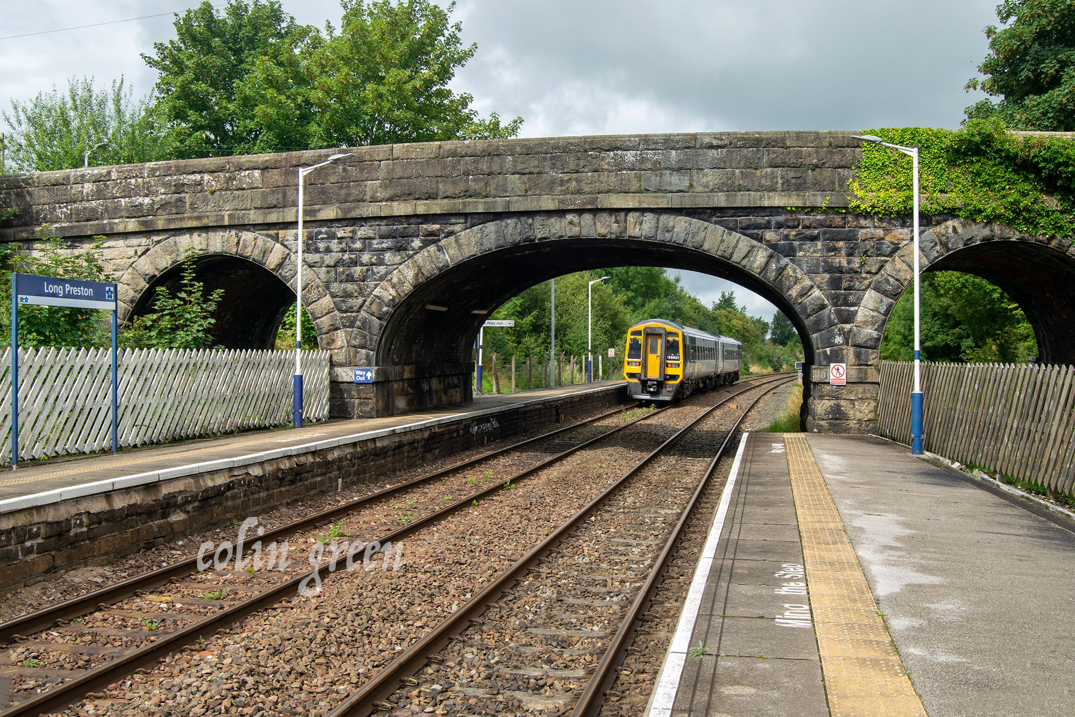 A picture of a north bound train leaving Long Preston Railway Station, North Yorkshire