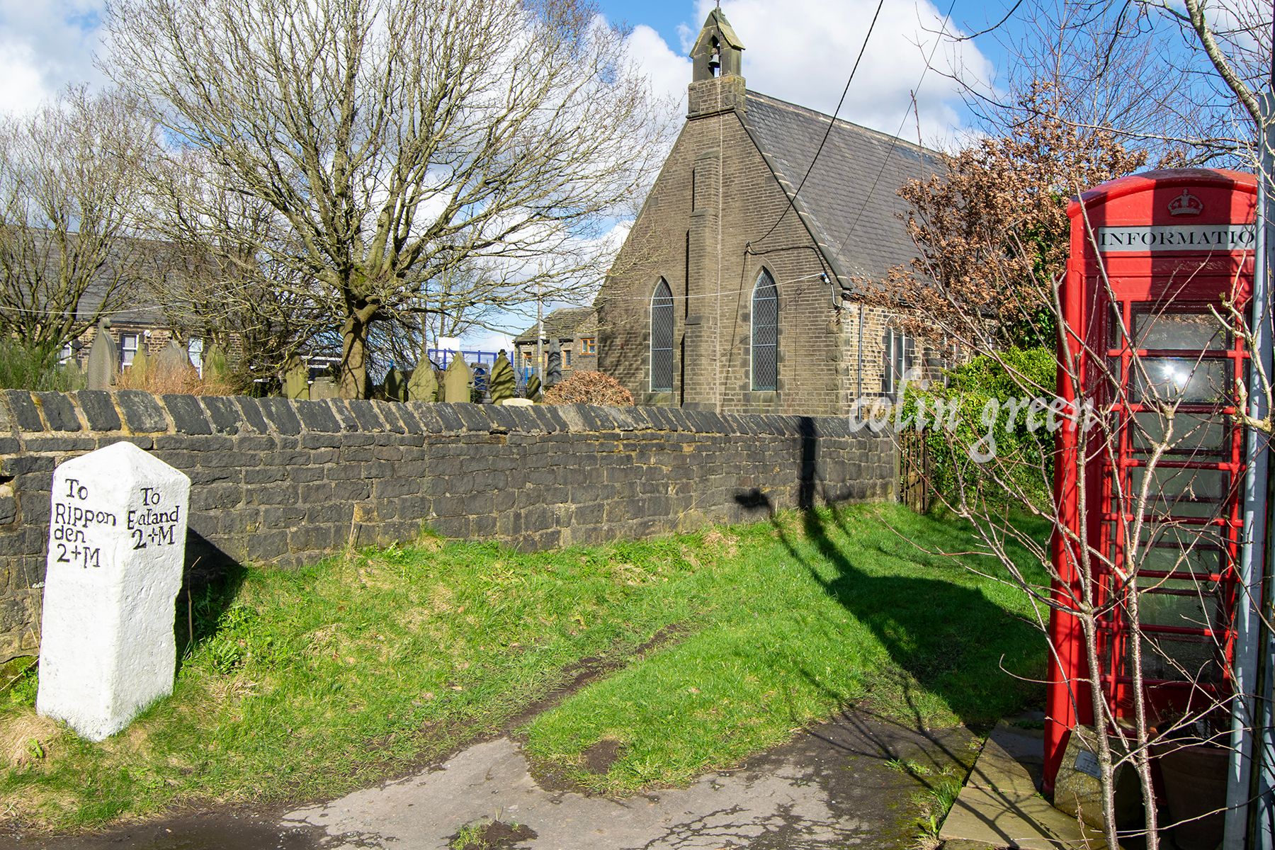 St Luke's Church, A mileage marker and a former phone box at Norland, West Yorkshire