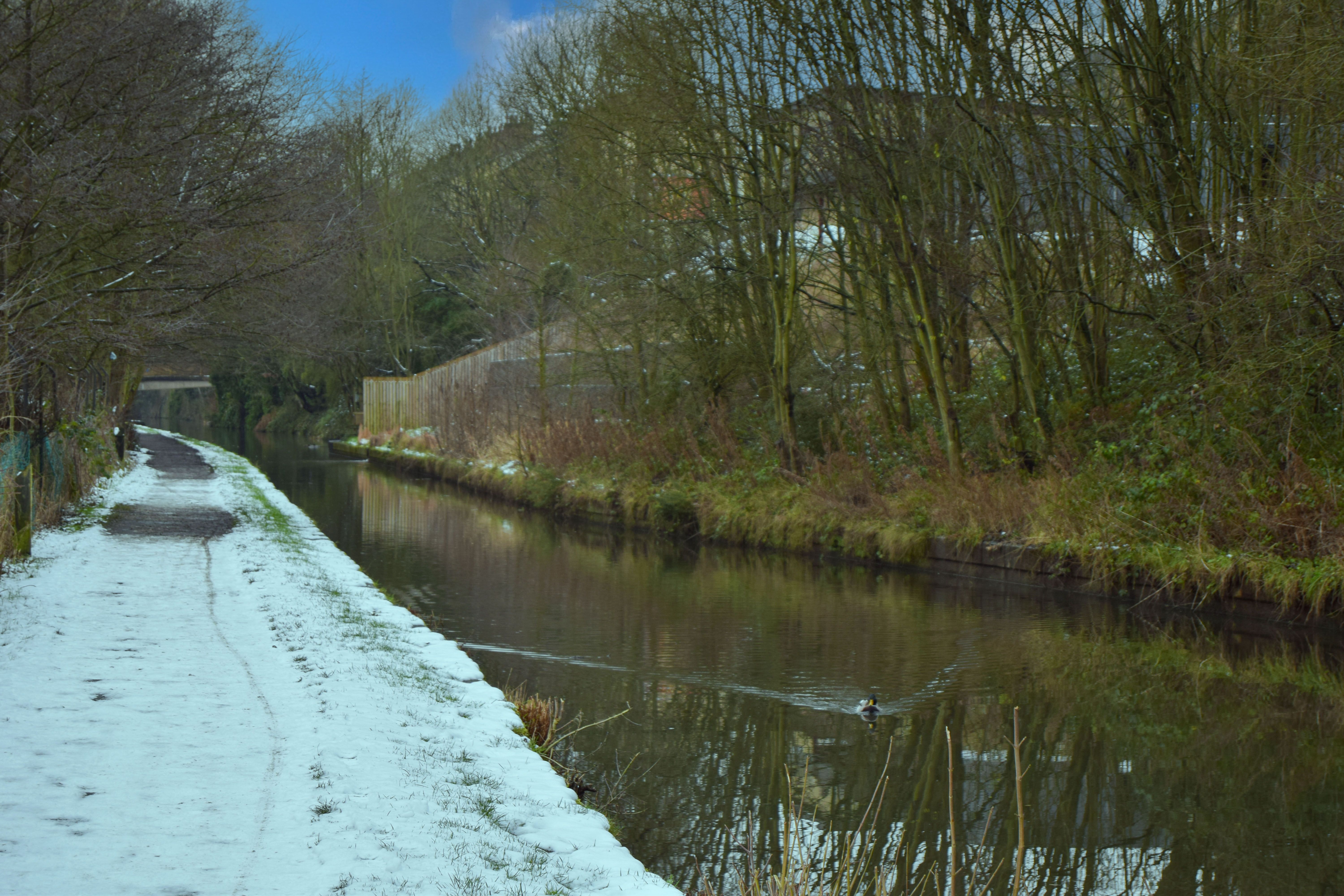 A colour image of a snow lined Calder and Hebble Navigation Canal towards Mearclough, Sowerby Bridge.