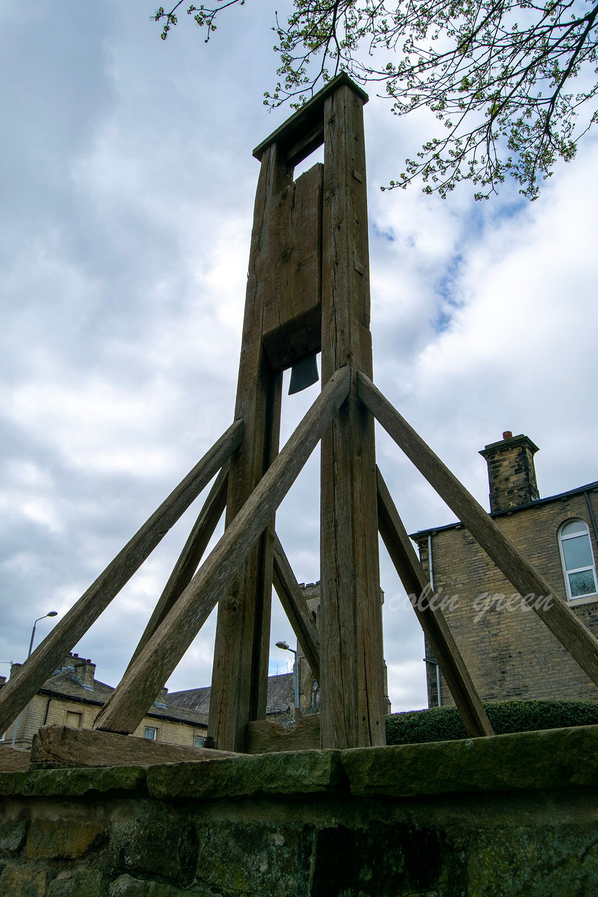 The replica Halifax Gibbet towering above the camera point menacingly.