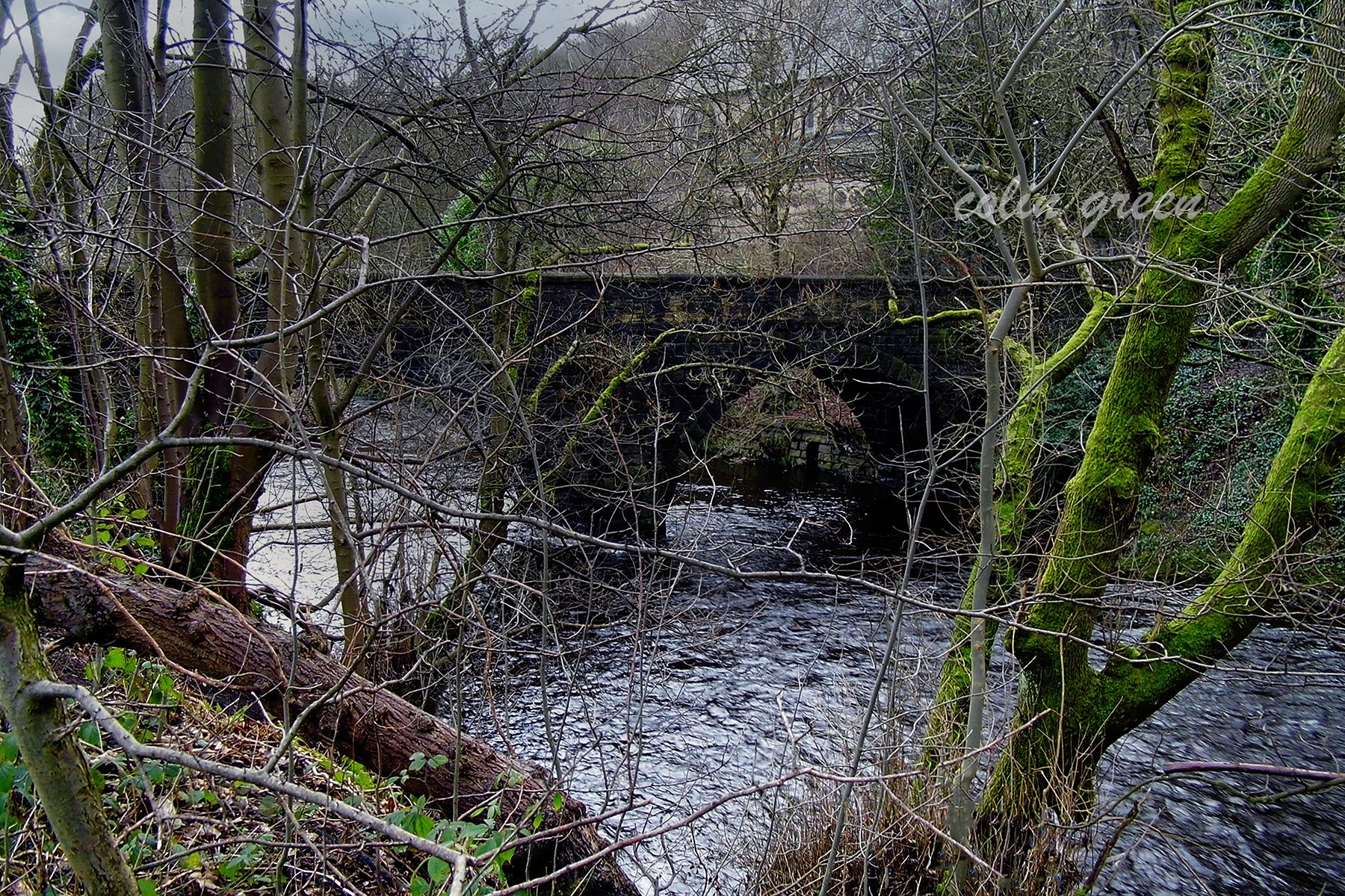 The stone arche former Copley Toll Bridge and St Stephens Church behind partially covered by woodland