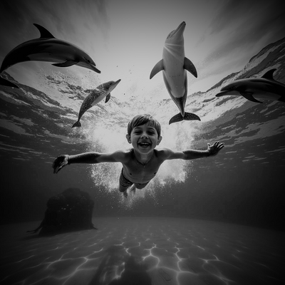 The image beautifully captures the pure happiness of a young boy swimming underwater alongside a pod of lively dolphins. His arms are outstretched as if mimicking the dolphins' graceful movements, and his face is lit up with an infectious smile. The dolphins surround him, leaping and gliding effortlessly in perfect harmony, their sleek bodies cutting through the water. 

Sunlight pierces the surface above, creating shimmering patterns that dance on the sea floor, adding to the magic of the scene. The monochrome effect emphasizes the connection between the boy and the dolphins, highlighting their shared playfulness and the natural bond between humans and marine life. This heartwarming moment reflects the joy of exploration and the wonder of immersing oneself in nature's beauty.