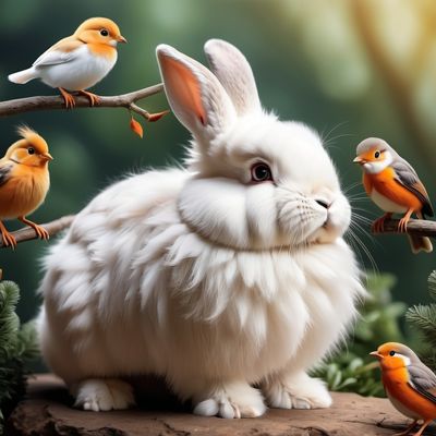 In the serene world of nature, a fluffy white rabbit sits gracefully on a rock, surrounded by several small and beautiful birds perched on branches. This little gathering seems to silently narrate a story of peace, friendship, and harmony with nature. The calm gaze of the rabbit and the presence of the birds create a picture of beauty and tenderness, showcasing the charm of life amidst the greenery of the forest.