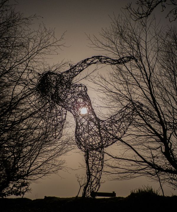 Silhouette of dancing wire fairy figure against the sun and merging with tree branches