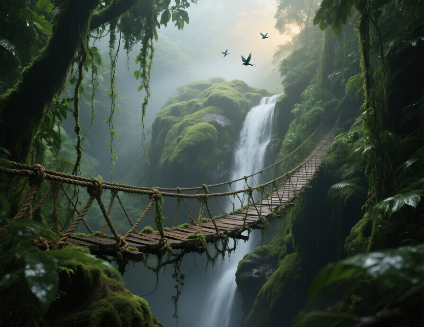 Rope Bridge Above Rainforest Waterfall 🌿 by KevCapture | Clickasnap